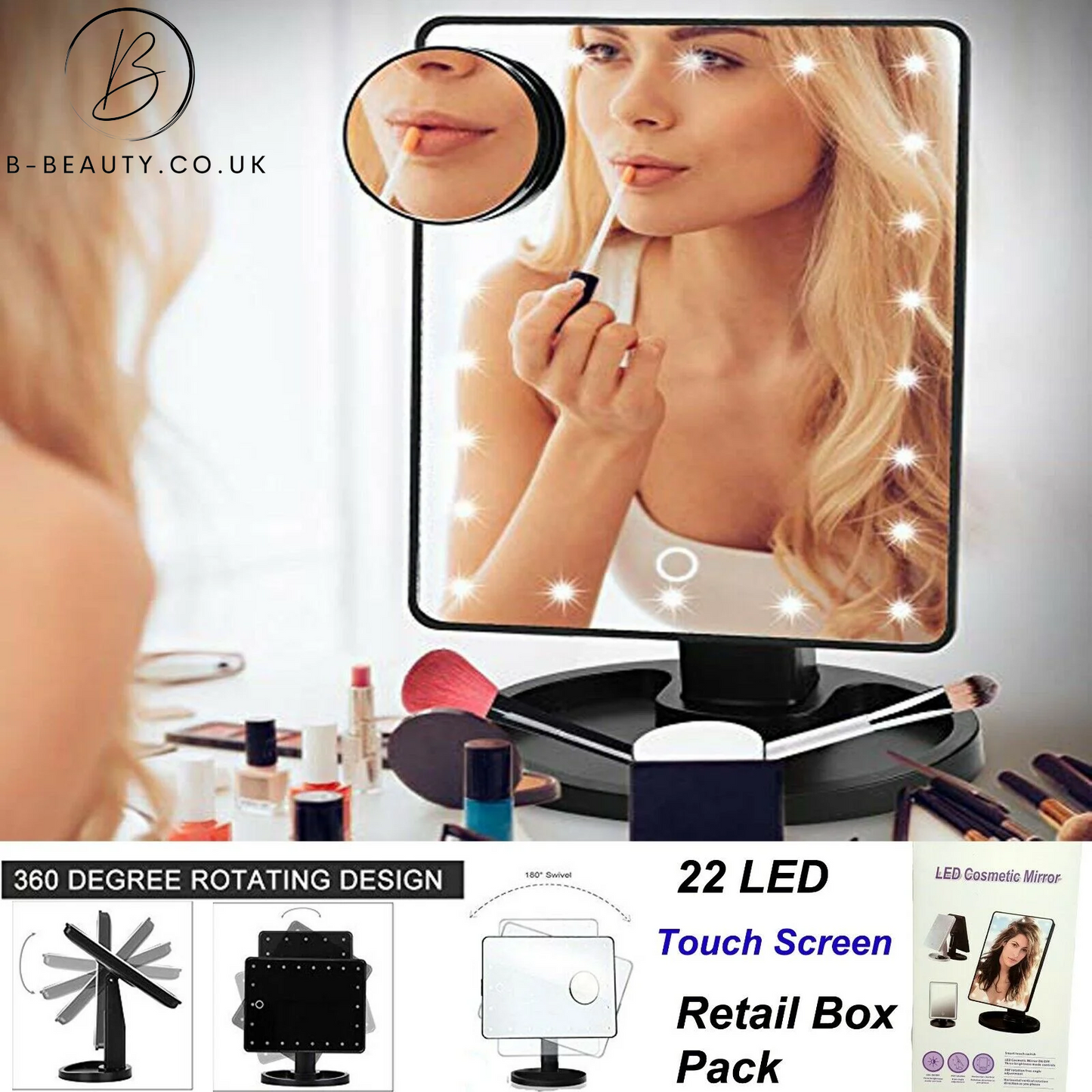 22 LED 10X MAGNIFYING TOUCH SCREEN LIGHT VANITY MIRROR